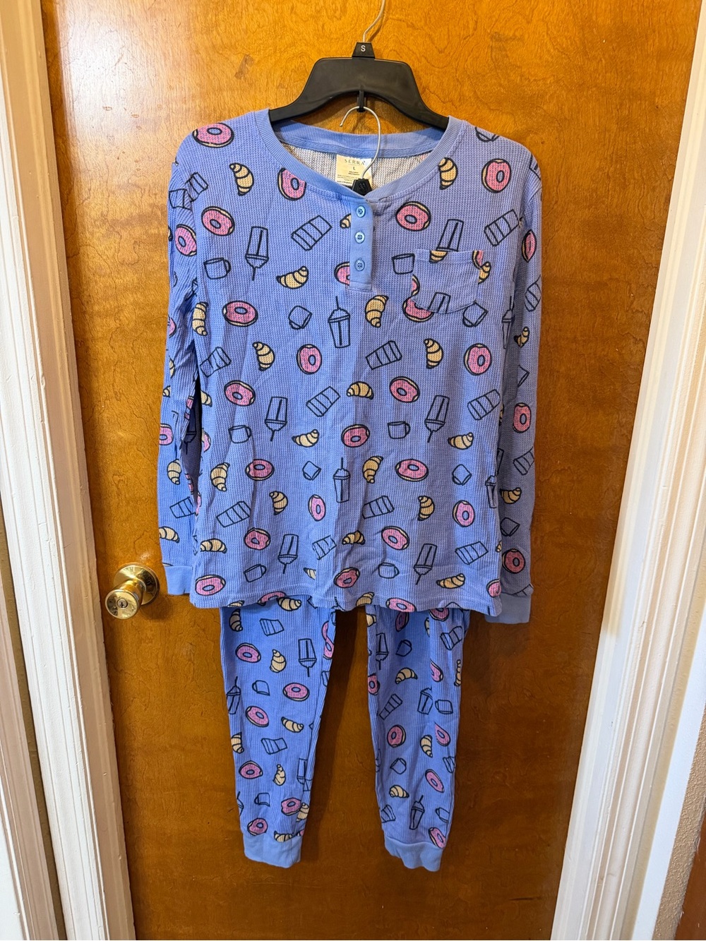 Serra women’s pajama set size L blue /purple waffle knit Henley donut graphic